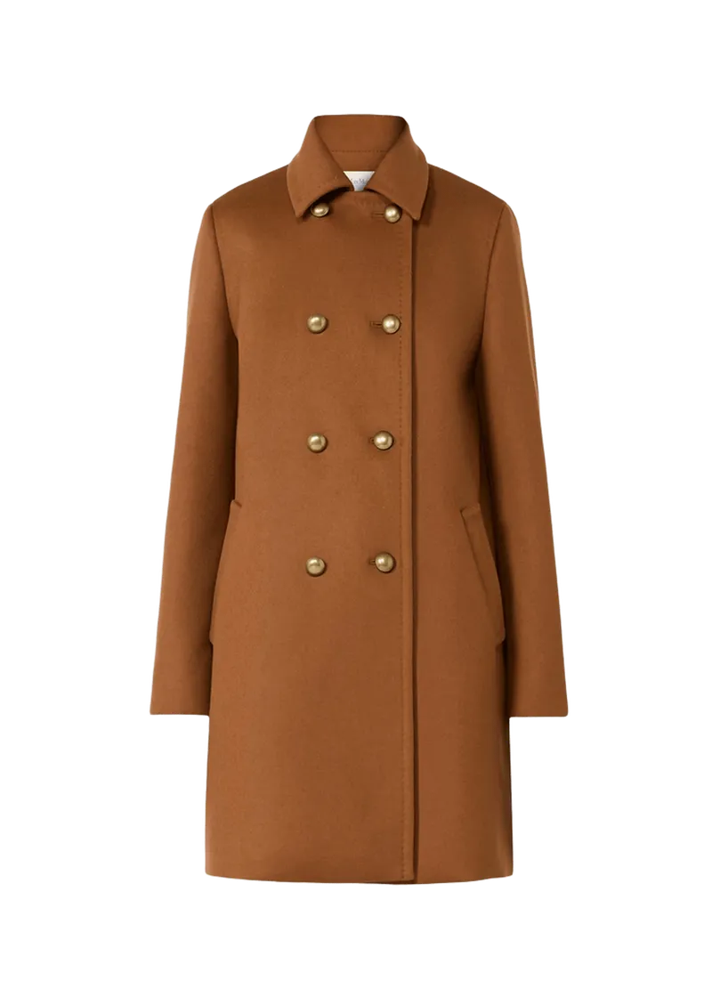 Double-Breasted Wool Broadcloth Leather-Trim Coat