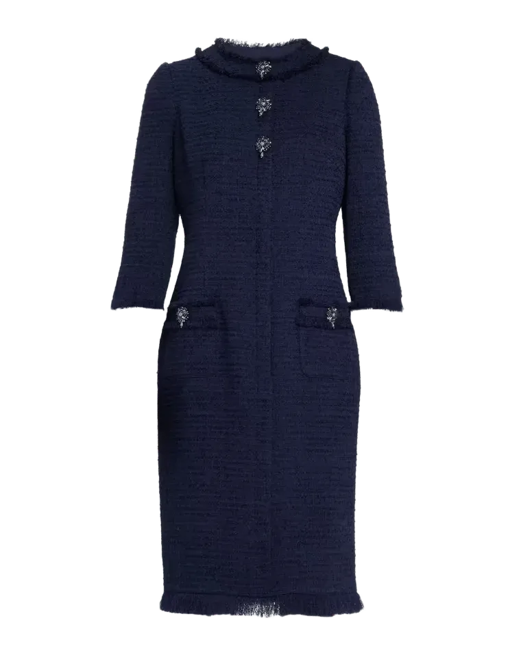 Fringe-Trim Stretch Boucle Dress