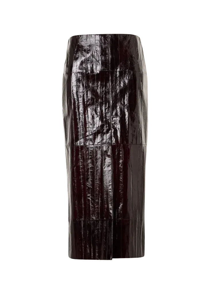 Lacquered Eel Leather Slit Midi Pencil Skirt
