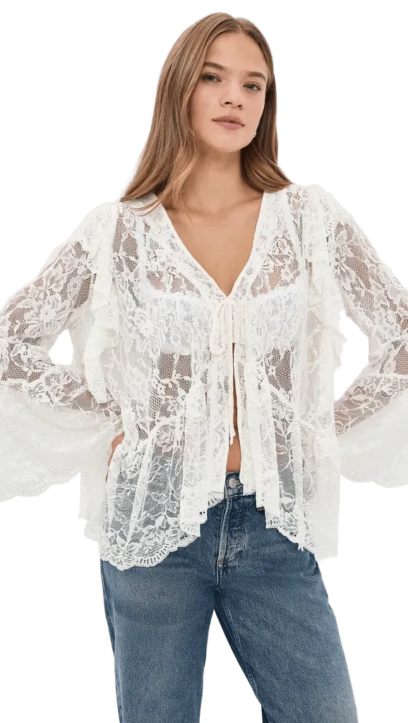 Oversized Tie Front Lace Blouse