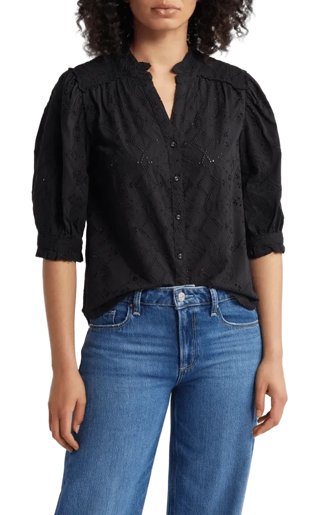 Embroidered Eyelet Button-Up Shirt