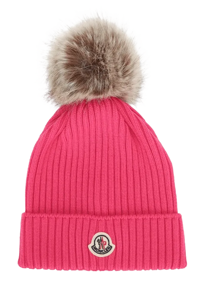 Moncler Jr HAT Fur-Pom Cotton Beanie — Pink
