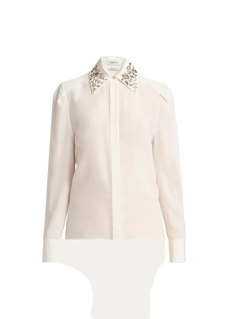 Embellished Collar Silk Button-Down Shirt
