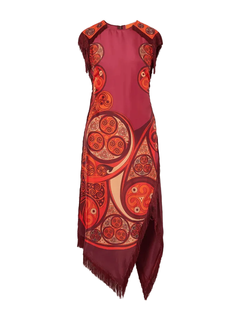 Scarf asymmetric printed fringe-trimmed silk-twill midi dress
