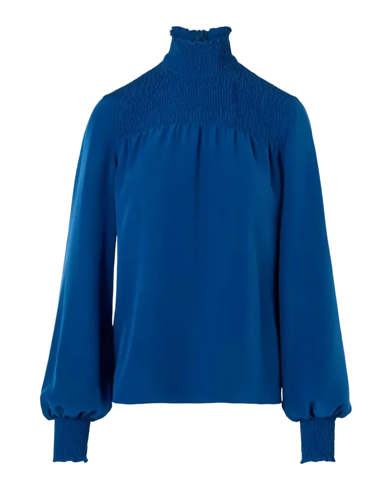 Smocked Turtleneck Silk Crepe Long-Sleeve Blouse
