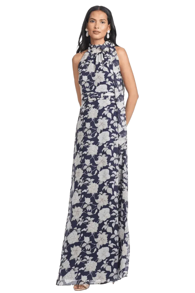 KAYLA NAVY WHITE FLORAL CHIFFON A-LINE GOWN