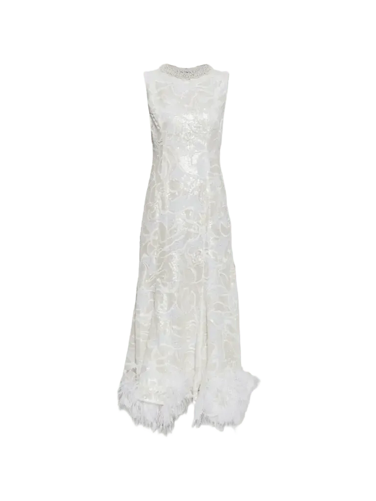 white sequin lace feather midi dress