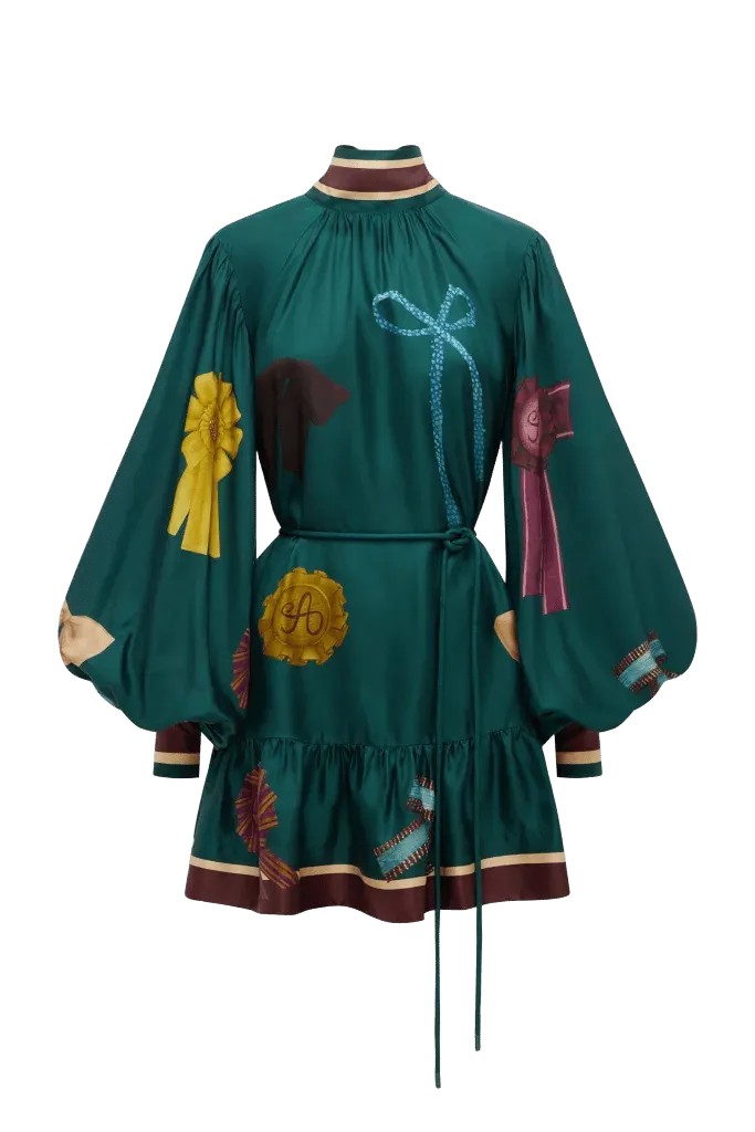 ROSETTE BOW PRINT SILK MINI DRESS