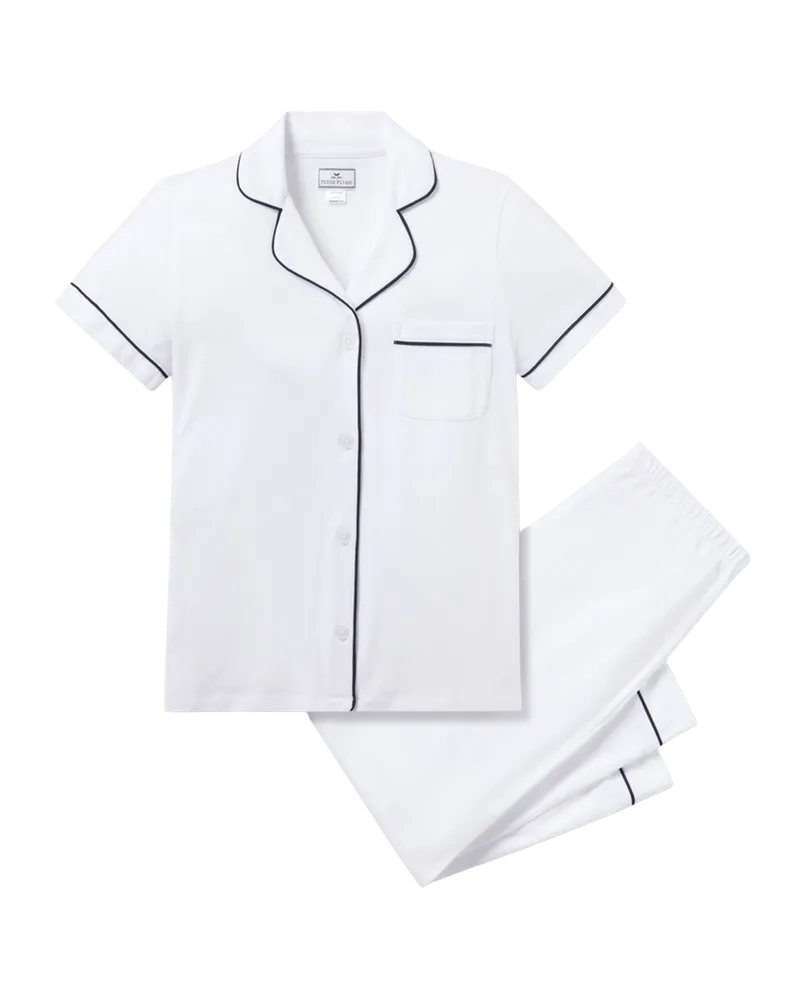 Women's Pima Cropped Pajama Set in White with Navy Piping