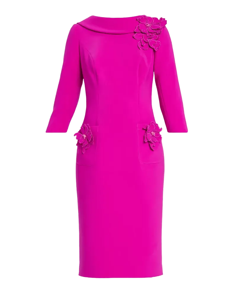 Roll-Neck Floral Applique Crepe Dress