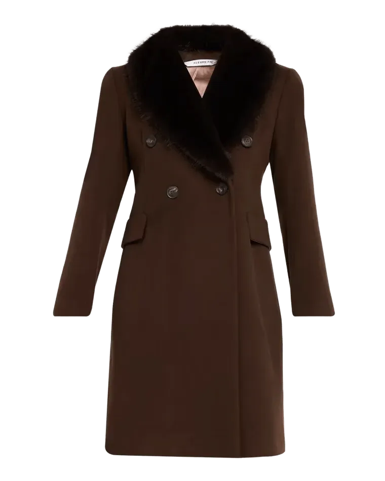 Wool Double-Breasted Coat with Faux Fur Collar
