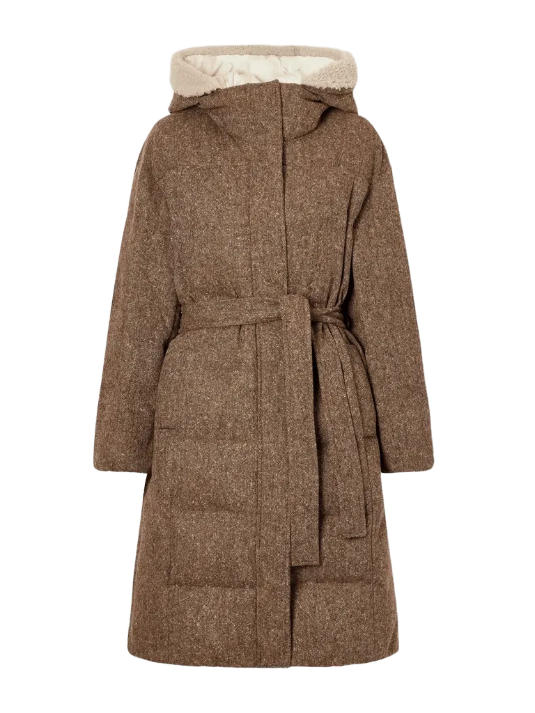 Hooded belted padded quilted shearling-trimmed wool-blend down jacket
