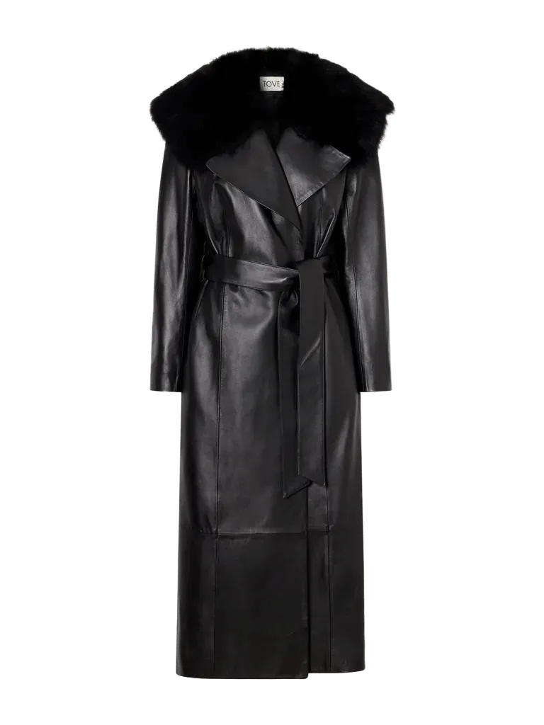 Rosa belted paneled shearling-trimmed leather wrap coat