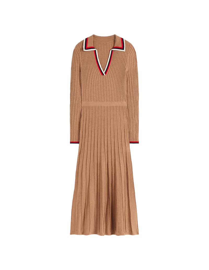 Ribbed Henley Knitted Dress-Camel Melange