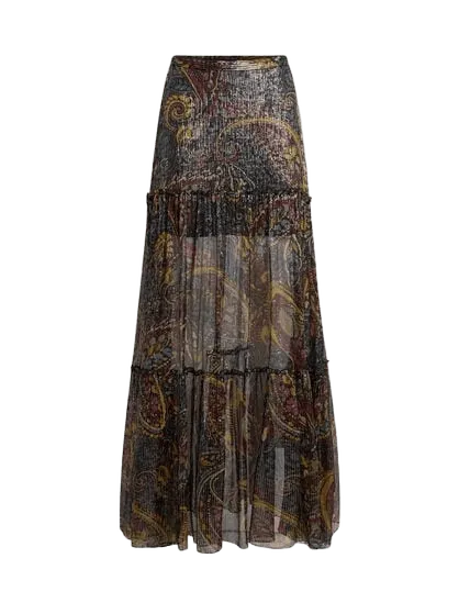 SILK MAXI SKIRT WITH STRIPED FLORAL PAISLEY MOTIF