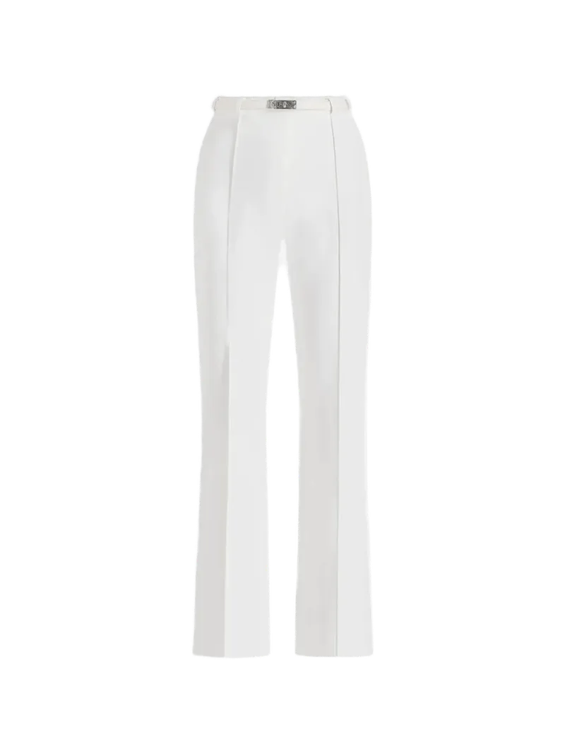 Quinn in white high-waisted belted fit & flare trousers