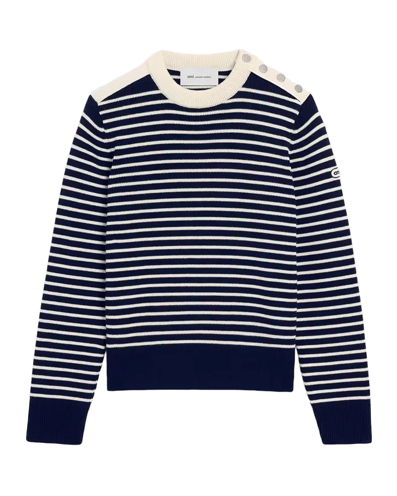 Button-Shoulder Striped Wool Crewneck Sweater