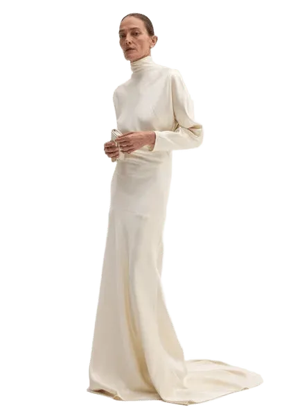 Satin button down dress with train | ivory