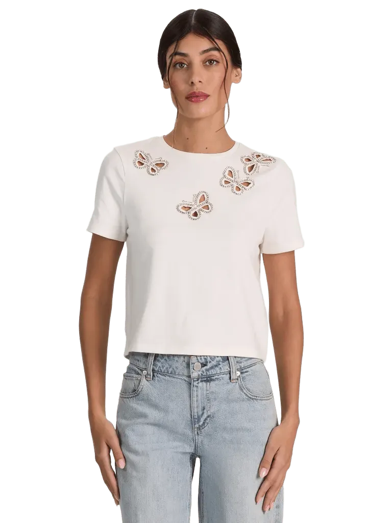 CINDY EMBELLISHED CUTOUT TEE - OFF WHITE/SILVER CRYSTAL