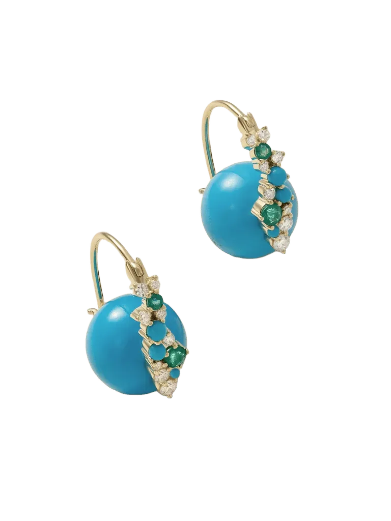 14-karat gold, diamond, emerald and turquoise earrings - unknown - One Size