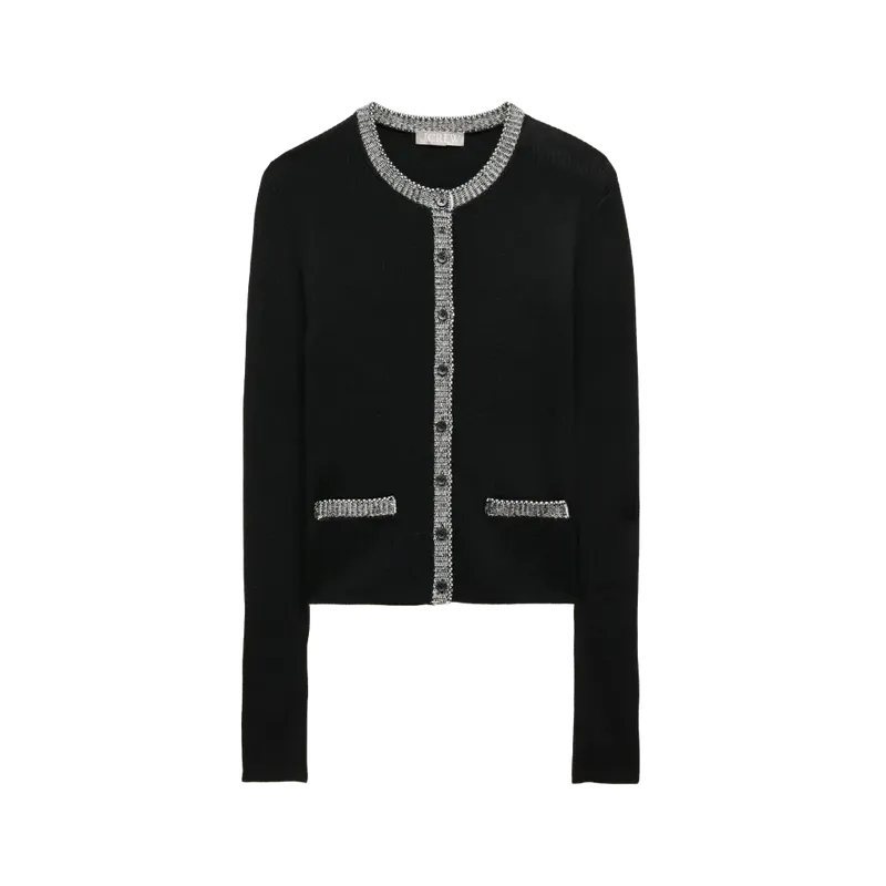 Crochet-trim cardigan in merino wool blend