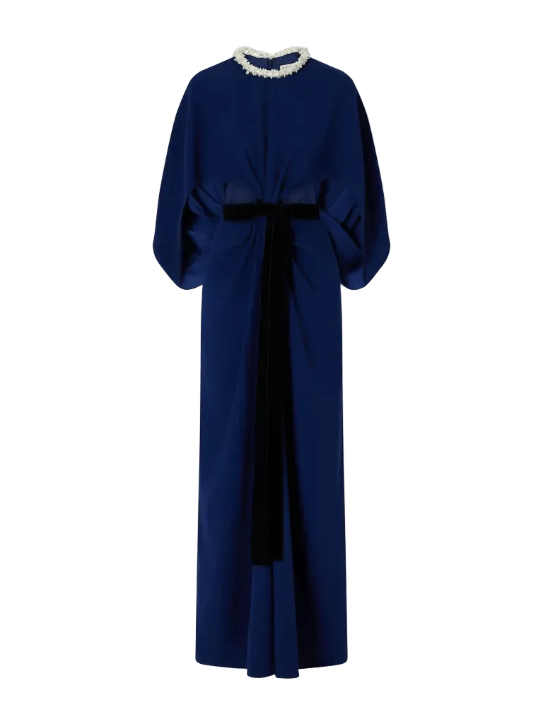 Annette cape-effect bead-embellished gathered velvet-trimmed crepe gown
