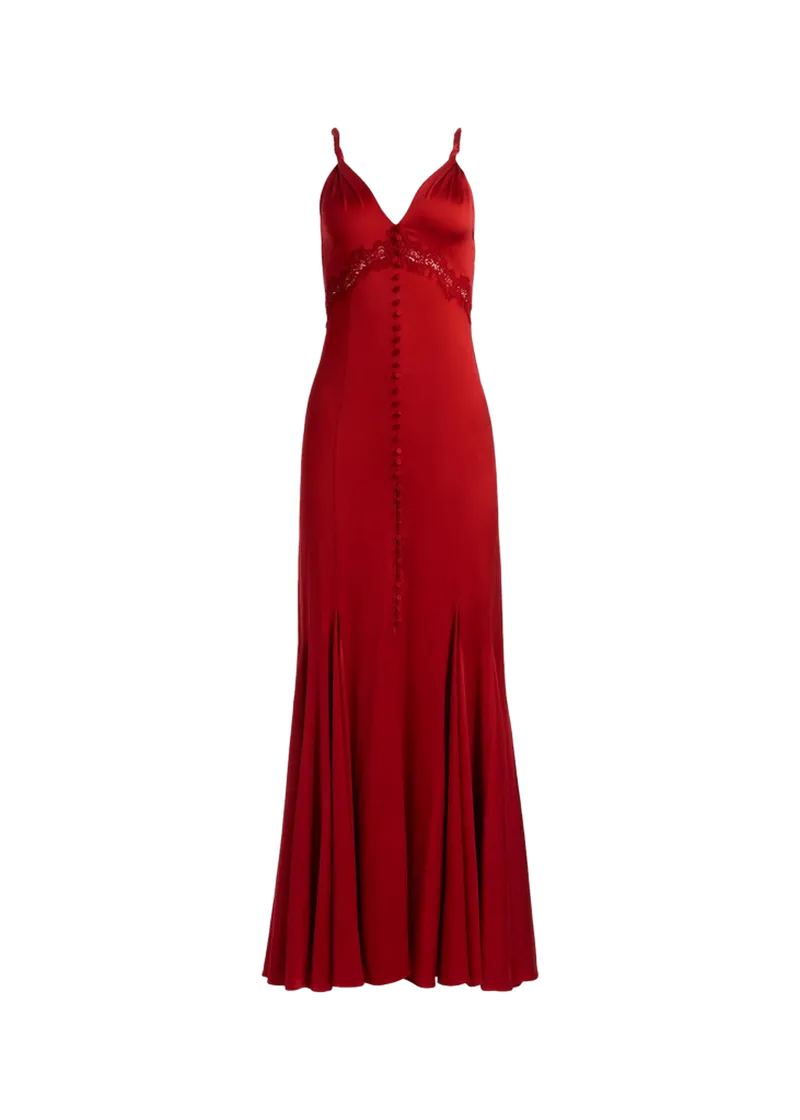 Nisa Cutaway Lace-Trim Satin Gown