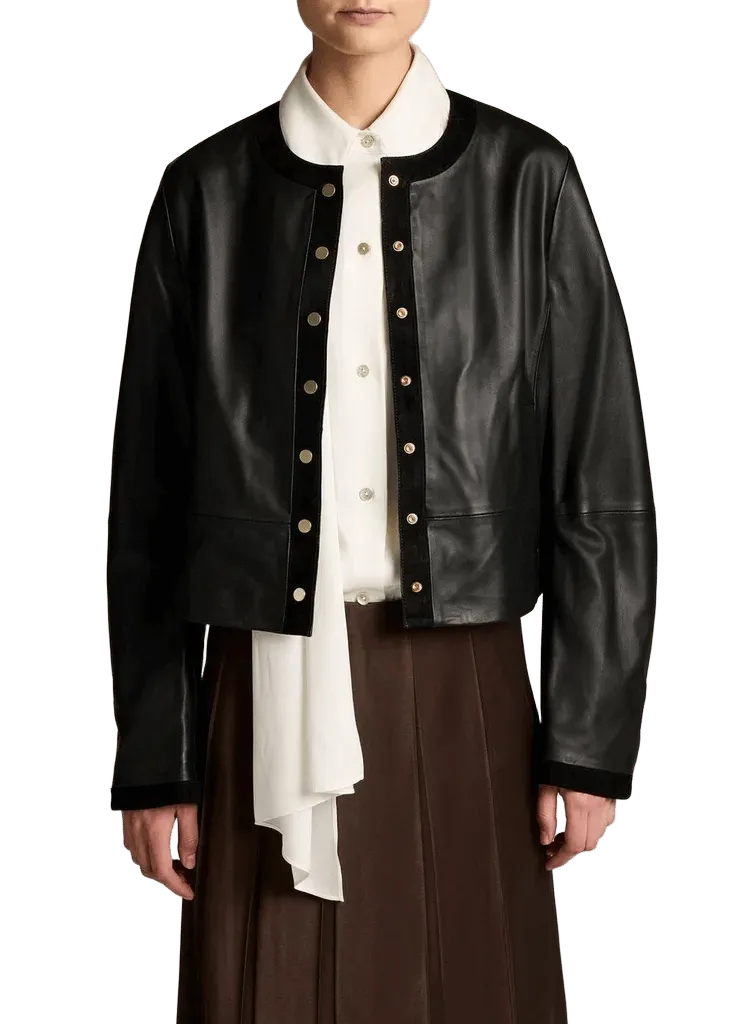 Suede-Trimmed Leather Cropped Jacket