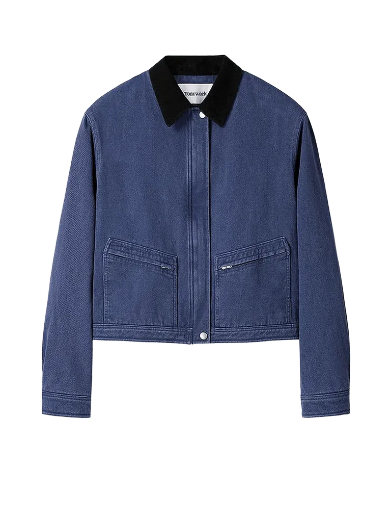 Tonywack Corduroy-Collar Denim Crop Jacket — Blue