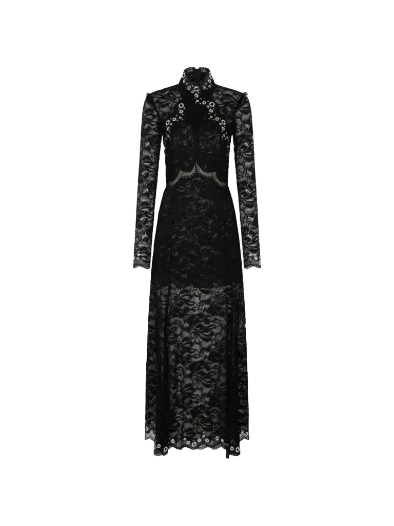 long dress in black layered lace with silver eyelets details