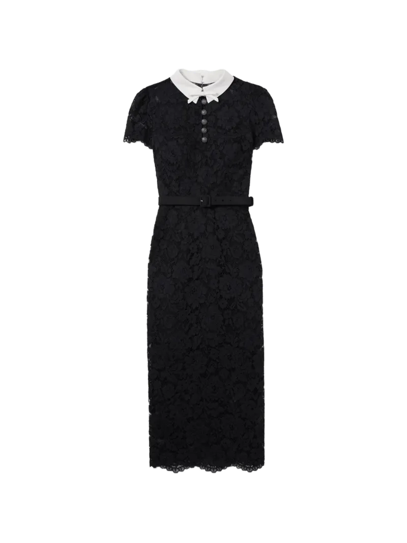 Self-Portrait black lace contrast-collar midi dress