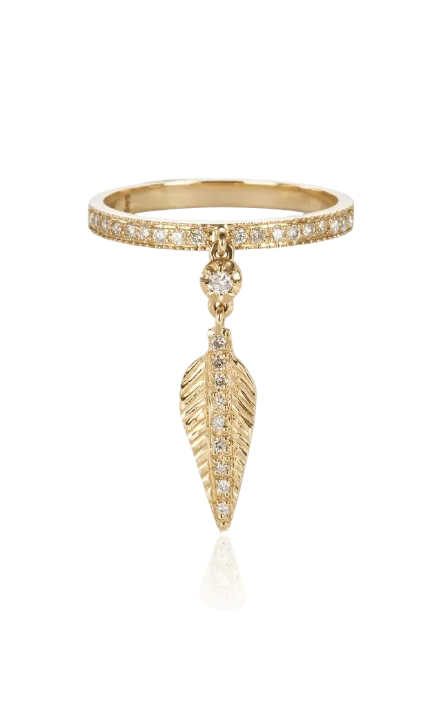 14k Yellow Gold Sophia Diamond + Tiny Feather Dangle Pave Ring