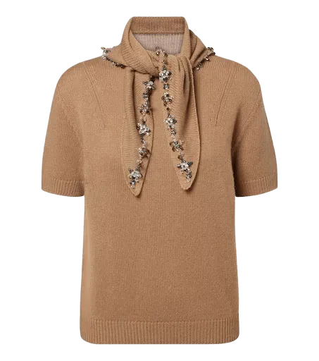 Embellished tie-neck cashmere sweater