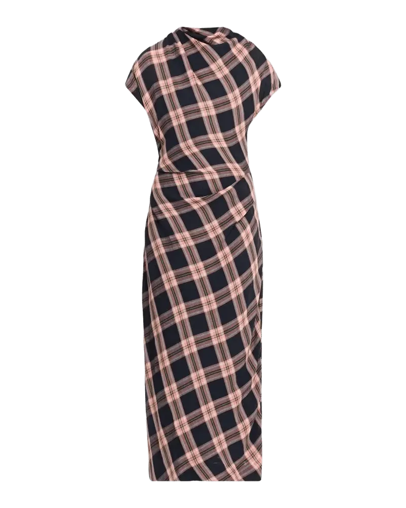 Plaid Wool Gauze Draped Cap-Sleeve Midi Dress