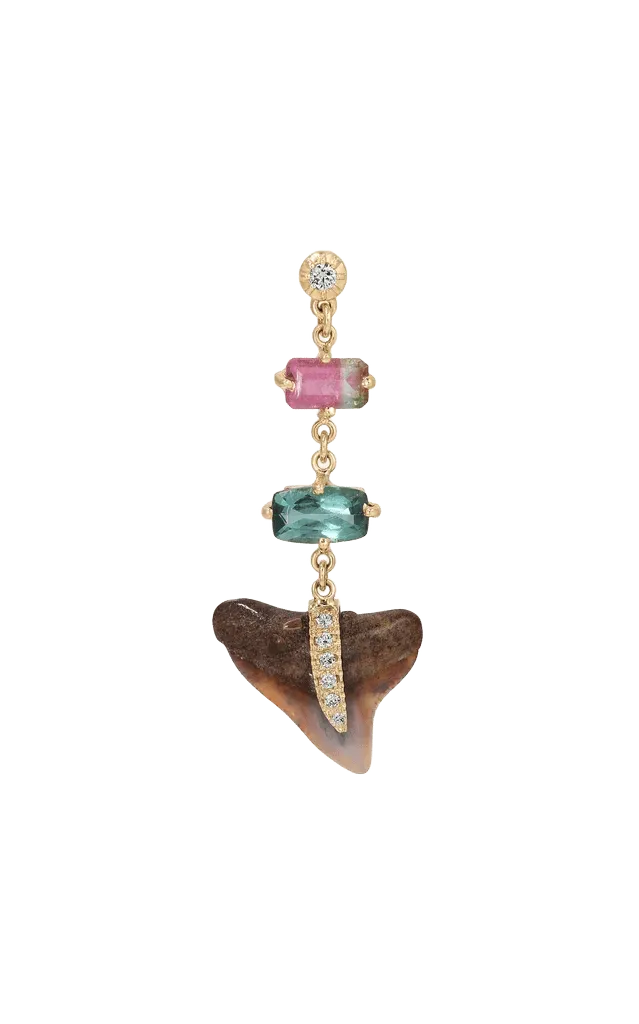 14k Yellow Gold Tourmaline + Shark Tooth Drop Stud