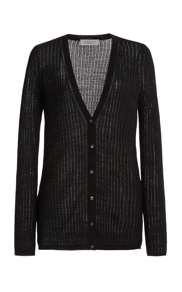 Emma Pointelle Knit Cardigan in Black Cashmere Silk