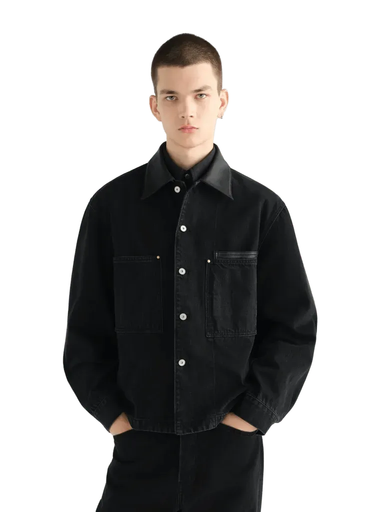 WORKWEAR OVERSHIRT WITH LEATHER COLLAR IN BLACK SELVEDGE DENIM