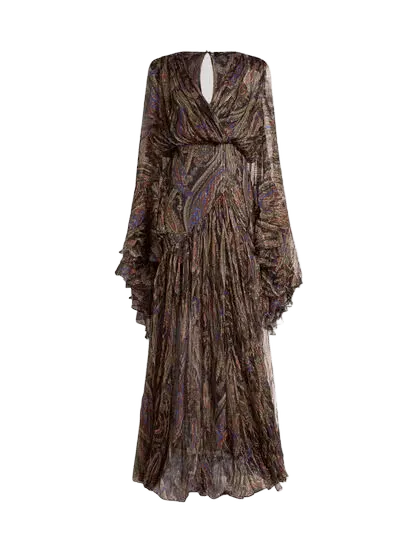 SILK LONG DRESS WITH RUFFLES AND PAISLEY MOTIF