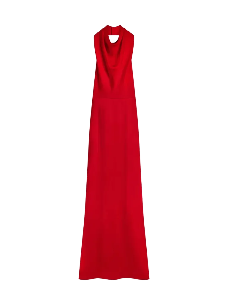 Long Draped Halter Neck Dress in Satin Crepe