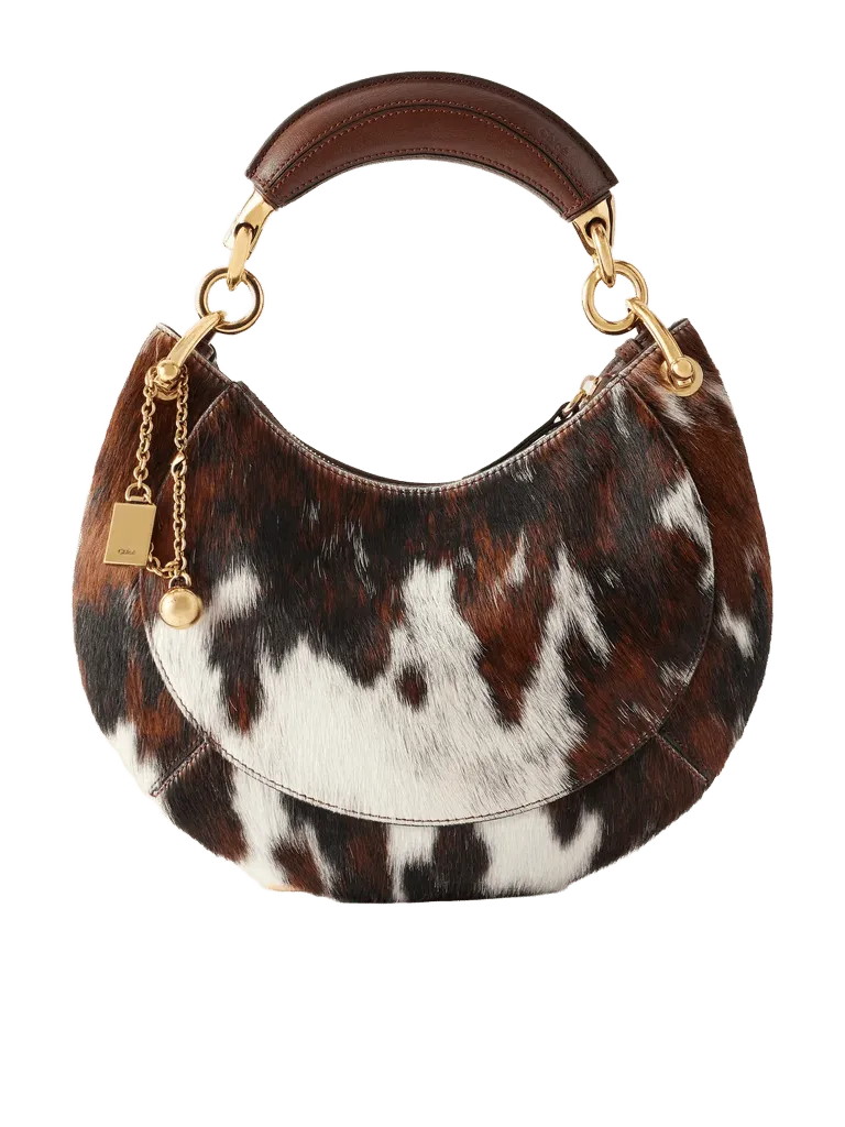 Banana leather-trimmed calf hair shoulder bag - brown - One Size