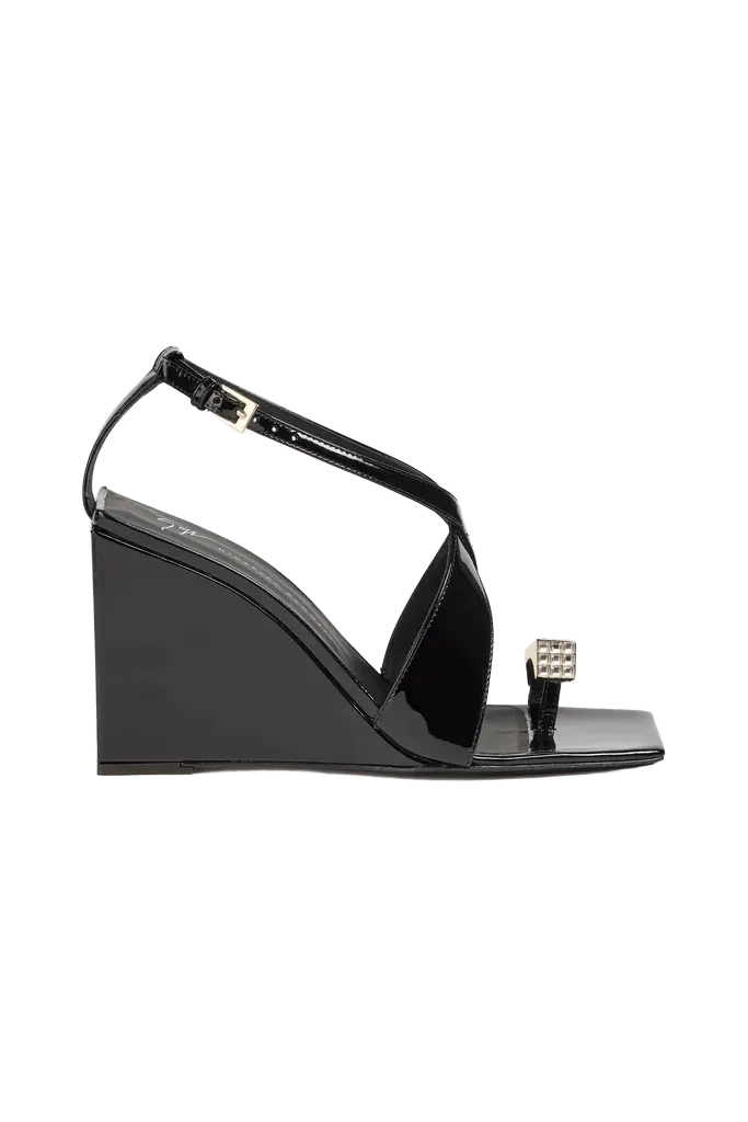 Crystal-embellished patent-leather wedge sandals