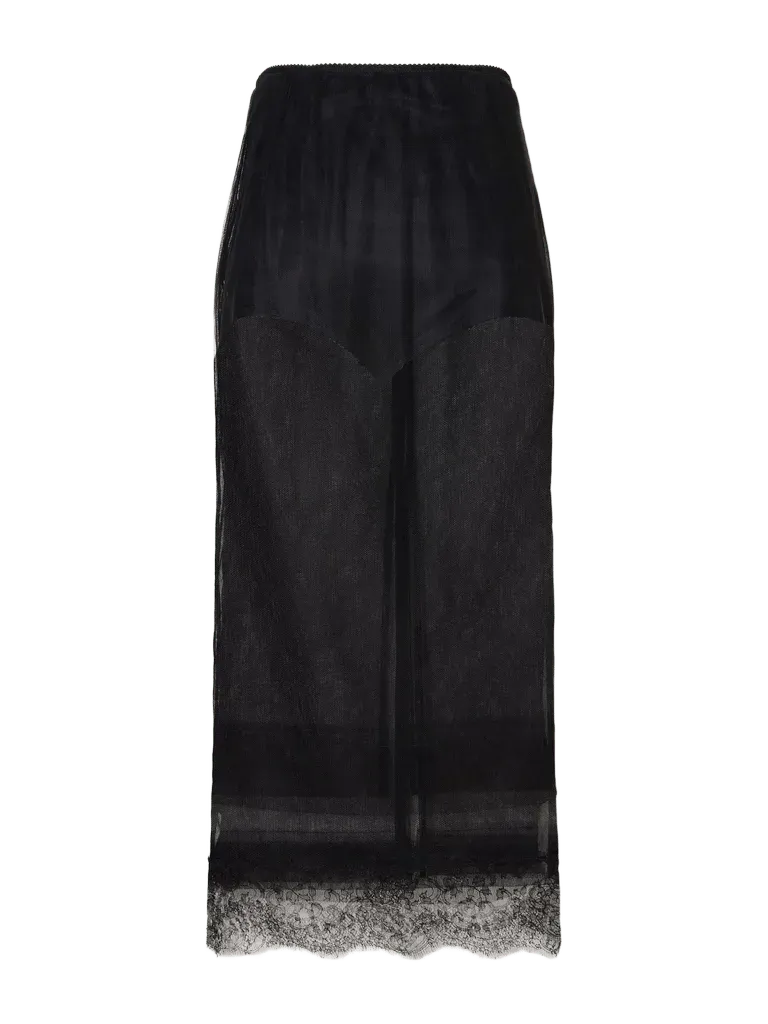 Layered lace-trimmed tulle midi skirt
