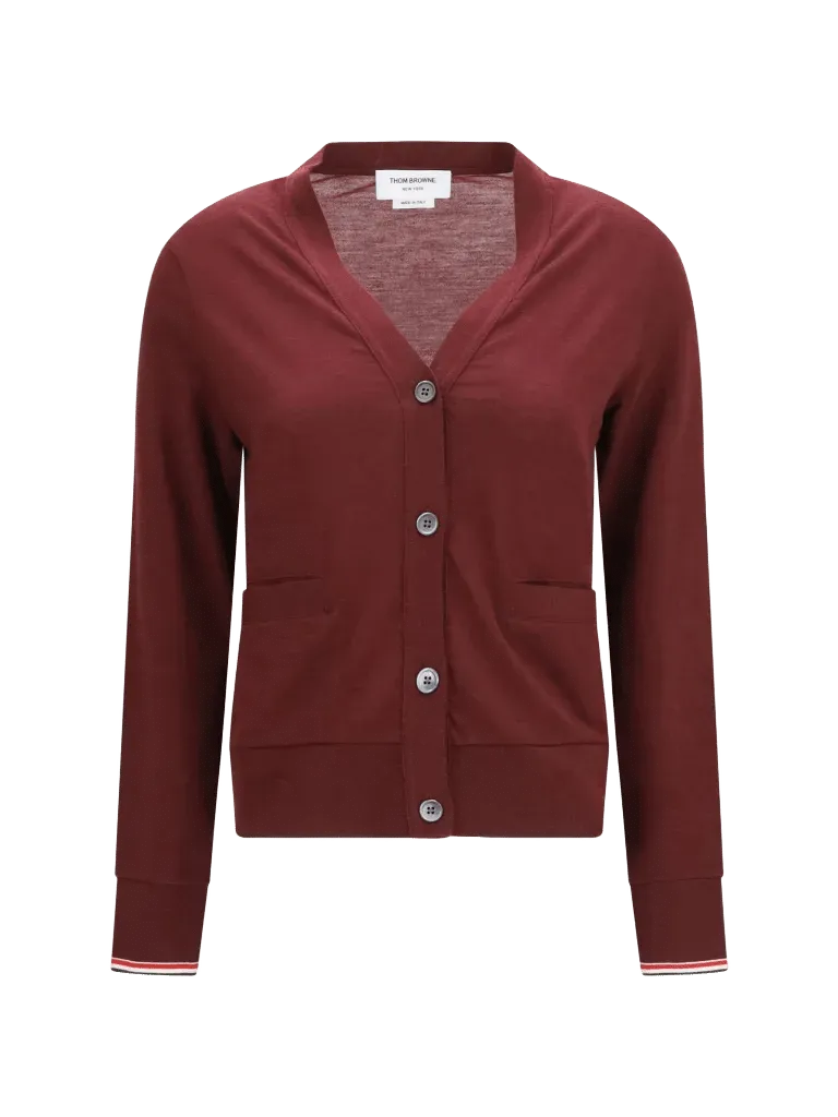 Thom Browne Merino Wool V-Neck Cardigan — Burgundy