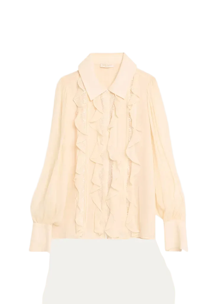 Claire Ruffle Blouson-Sleeve Silk Blouse