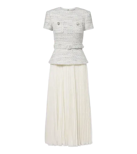 Belted bouclé and chiffon midi dress