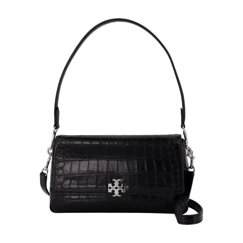 Tory Burch Crocodile-Embossed Calfskin Shoulder Bag — Black