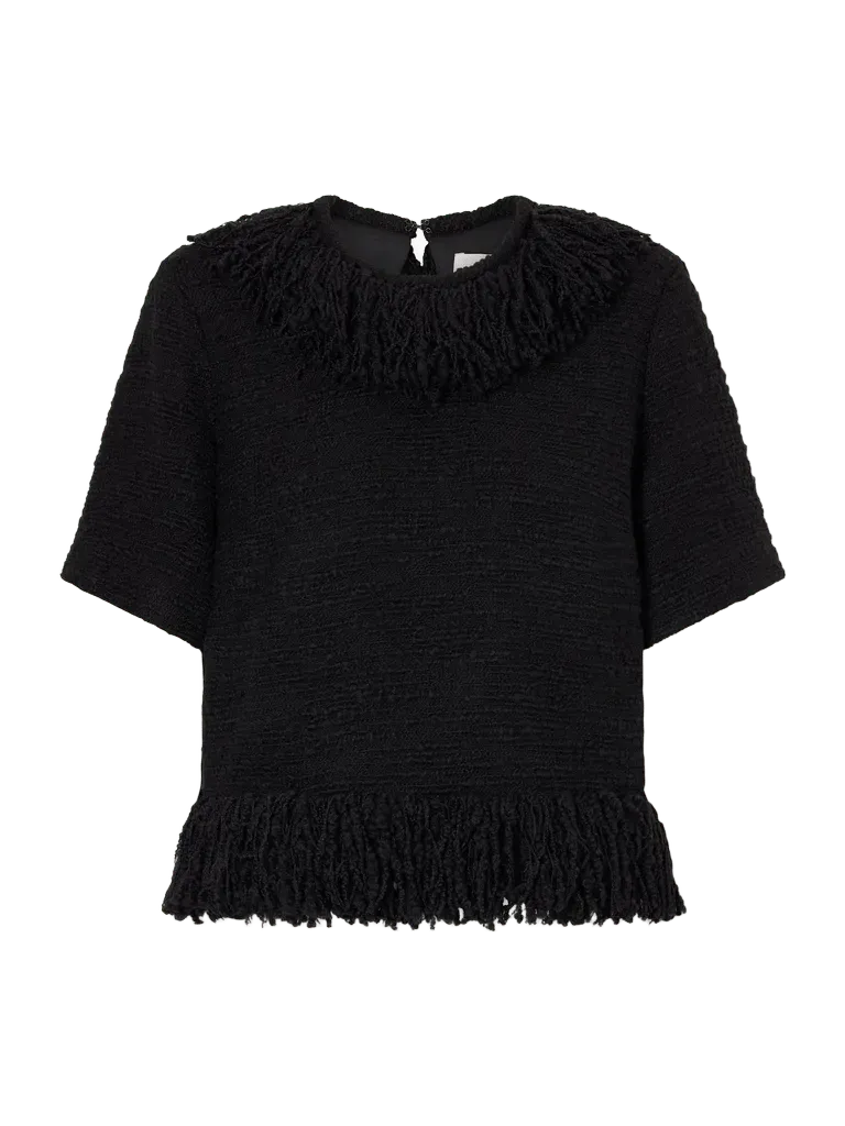Fringed wool-blend tweed top