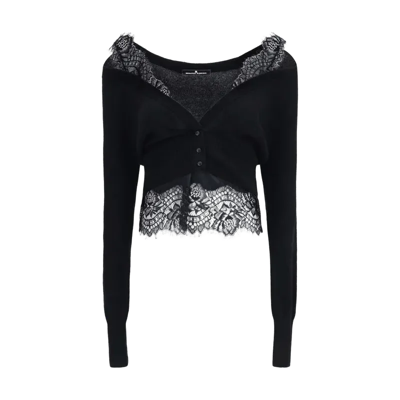 Ermanno Scervino Cashmere with Lace Trim Cardigan — Black
