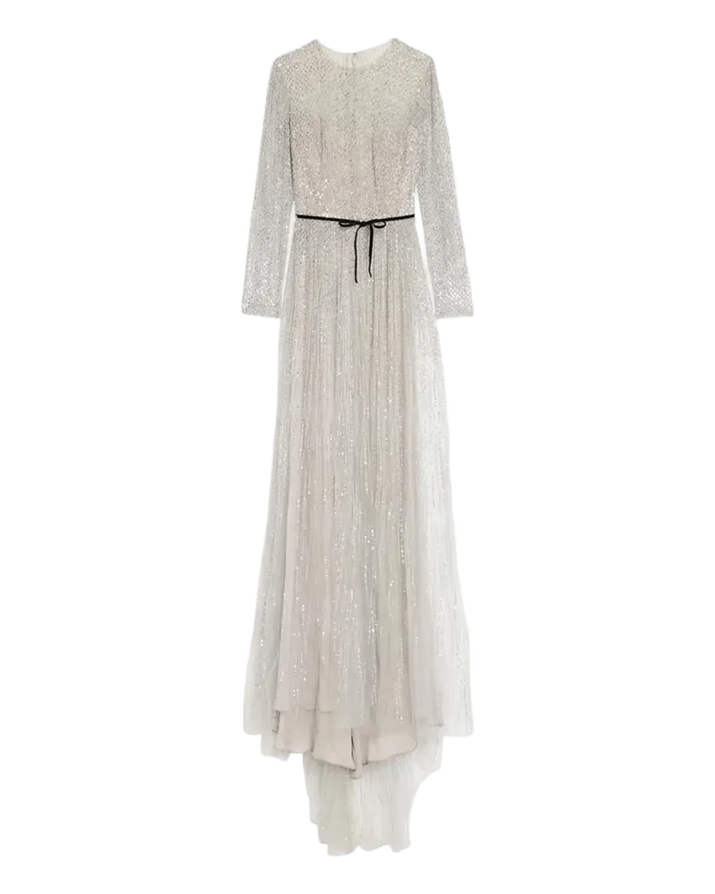 Embellished Tulle Long-Sleeve Illusion Gown