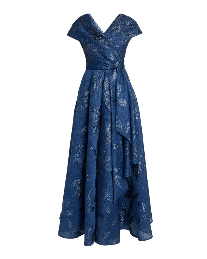 Draped Metallic Peony Jacquard Cap-Sleeve Gown